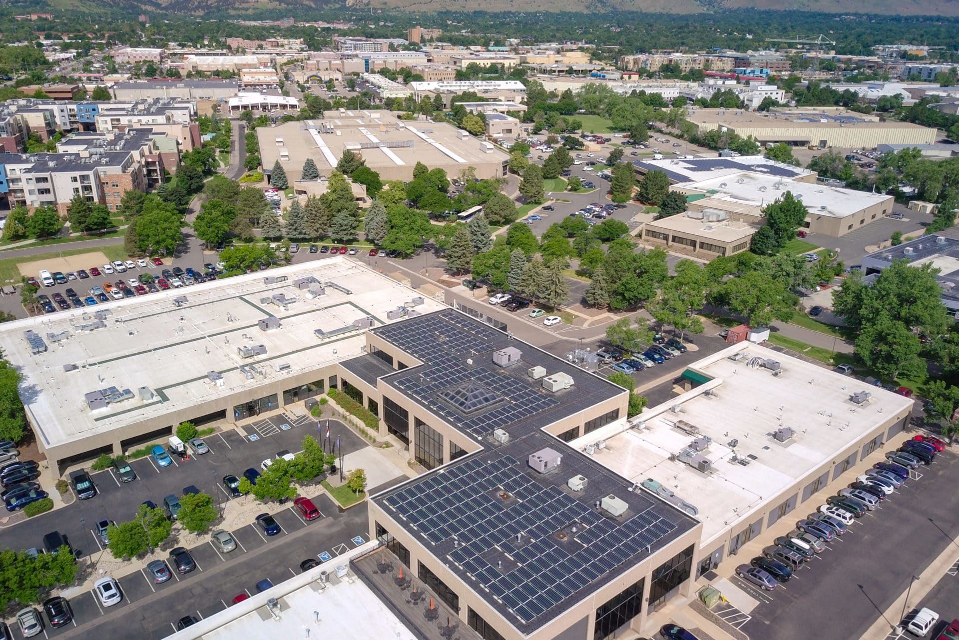 aerial view of commercial rooftop solar
