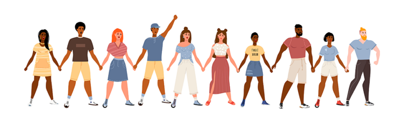 illustration of group of people holding hands in a row